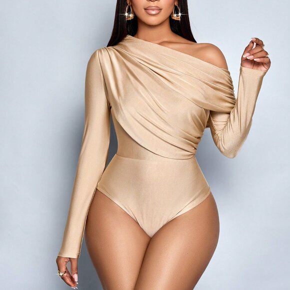 Khaki Elegant Women's Glossy Knit Off-Shoulder Bodysuit